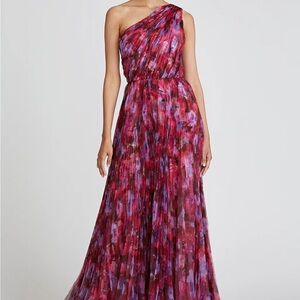 Theia One-Shoulder Pleated Floral Gown in Magenta and Lavender